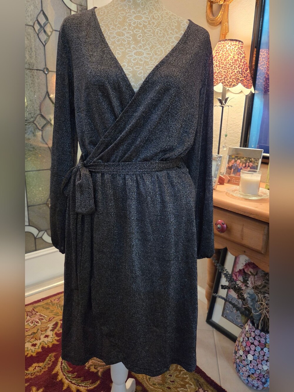 Halogen Sparkle Long Sleeve Faux Wrap Dress - size M